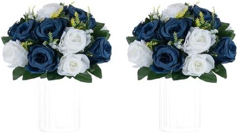 NUPTIO Artificial Flower Centerpieces for Tables - 2 Pcs 9.5in Diameter Navy Blue & White Fake Flowers Roses Balls - Silk Faux Rose Arrangement for Wedding Party Centerpiece Table Decorations
