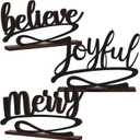 Kathfly 3 Pcs Christmas Tabletop Word Sign Believe Joyful Merry Xmas Mantle Decor Freestanding Christmas Mantle Sign Xmas Wood Cutouts Table Plate Rustic Ornaments for Home Office Decoration(Black)