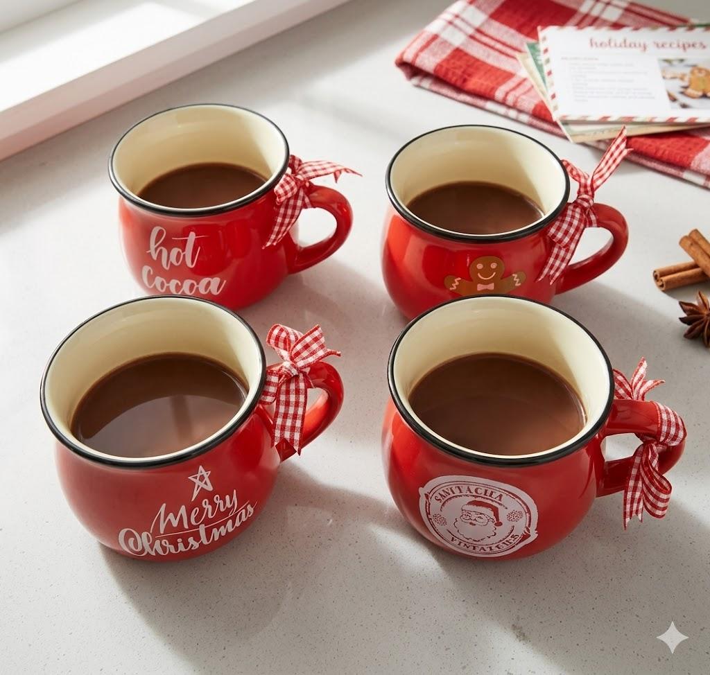 Sawysine Christmas Coffee Mugs Set of 4, 12 oz Ceramic Mug Gift Holiday Hot Cocoa for Family Mom Woman Friend Farmhouse (Candy Canes Style)