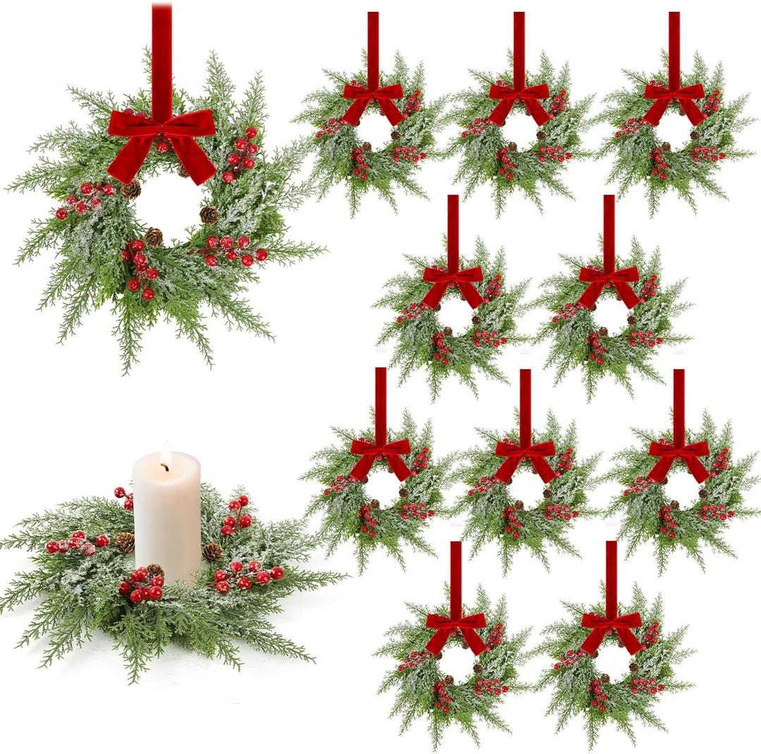 12 Pcs Mini Christmas Cabinets Wreath for Kitchen Small Christmas Ceder Candle Rings Wreaths Artificial Norfolk Pine Red Berry Garland Hanging Ornament Farmhouse Wreath for Holiday Xmas Party Decor