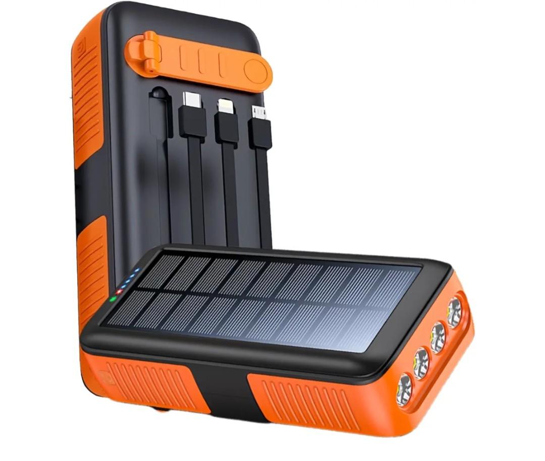 Solar Power Bank Portable Charger 63200mAh Battery Pack, Hand Crank Charger Dual Outputs Inputs 4 LED Flashlight, Fast Charging with Built in Cables Power for Phone Camping Emergency Travel (Orange)