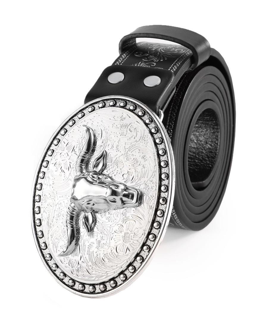PARTTELY Western Cowboy Belts for Men Women, Western Belt with Bull Buckle, Country Belt Cowboy Leather Belt for Jeans