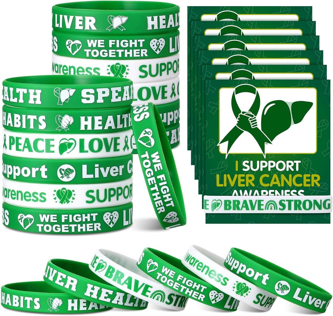 60 Pcs/30 Sets Liver Cancer Awareness Silicone Wristbands with Cards Include 30 Green Ribbon Wristband 30 Liver Cancer Awareness Cards for Men Women Teen Campaign Support Charity Supplies