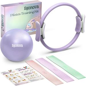 Pilates Ring Set: 14-Inch Magic Circle with Dual Padded Handles, Pilates Mini Ball, and Resistance Bands (15, 25, 35 lbs) for Strength, Flexibility, Stability, and Body Toning (Purple)