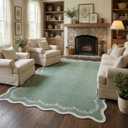 GarveeHome 6x9 Scalloped Area Rug Sage Green Washable Rugs for Living Room Bedroom, Soft Low Pile Non Slip Accent Floor Mat Solid Floral Print Throw Rug Farmhouse Indoor Carpet for Dorm Playroom