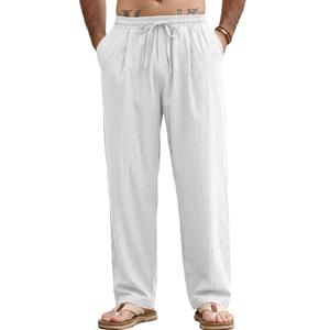 PRIVIMIX Mens Breathable Linen Pants Loose Fit Cotton Casual Pants for Summer Beach with Elastic Waist Drawstring White L (White, L)