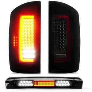 Tresound Tail Light + 3rd Brake Cargo Lamp for 2007-2008 Dodge Ram 1500, 2007-2009 Ram 2500 3500, Third High Mount Stop Light Rear LED Taillight Assembly, 55277302AC 55277303AC (Chrome)