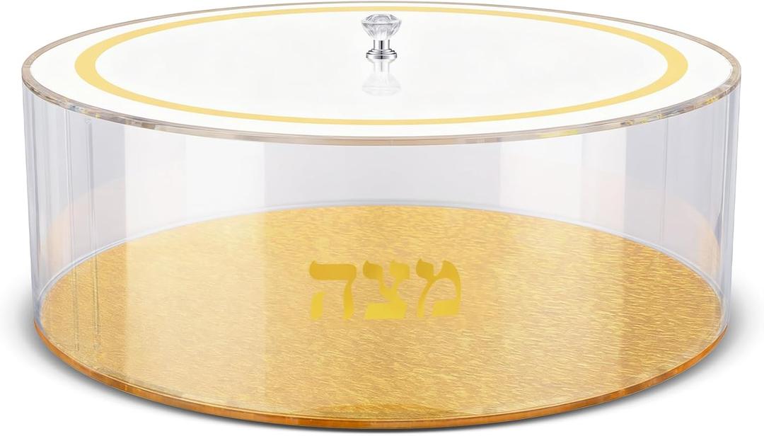 13.5 Inch Judaica Matzah Box with Cover Round Acrylic Matzah Holder with Lid Passover Gold Box for Pesach Seder Table