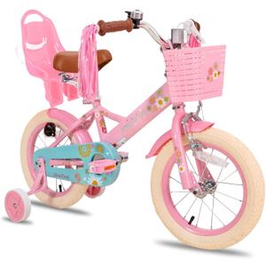 JOYSTAR 16 Inch Kids Bike Little Daisy Girls Bike with Training Wheels Doll Bike Seat Basket & Streamers Princess Kids Bicycle for Girls Toddler Bikes 4-7 Years Pink