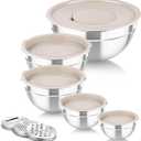 TeamFar Mixing Bowls with Airtight Lids, 5PCS Stainless Steel Metal Salad Bowl with 3 Grater Attachments, for Cooking, Prepping, Serving, Healthy & Easy Clean - 0.7/1/1.5/2.6/4.6QT, Khaki