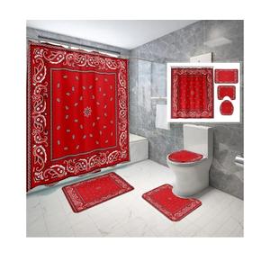 4 Piece Abstract Paisley Shower Curtain Waterproof Red Bandana Elegant Ethnic Tribal Bathroom Sets with Non-Slip Rugs, Toilet Lid Cover and Bath Mat with Standard Size