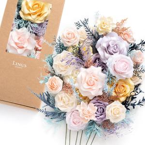 Ling's Moment Fake Flowers Box, Faux Greenery Stems Silk Rose Artificial Foam Gardenia for Wedding Bouquets Centerpieces Table Decorations Floral Arrangement, Powder Blue & Pale Lavender, Deluxe Combo