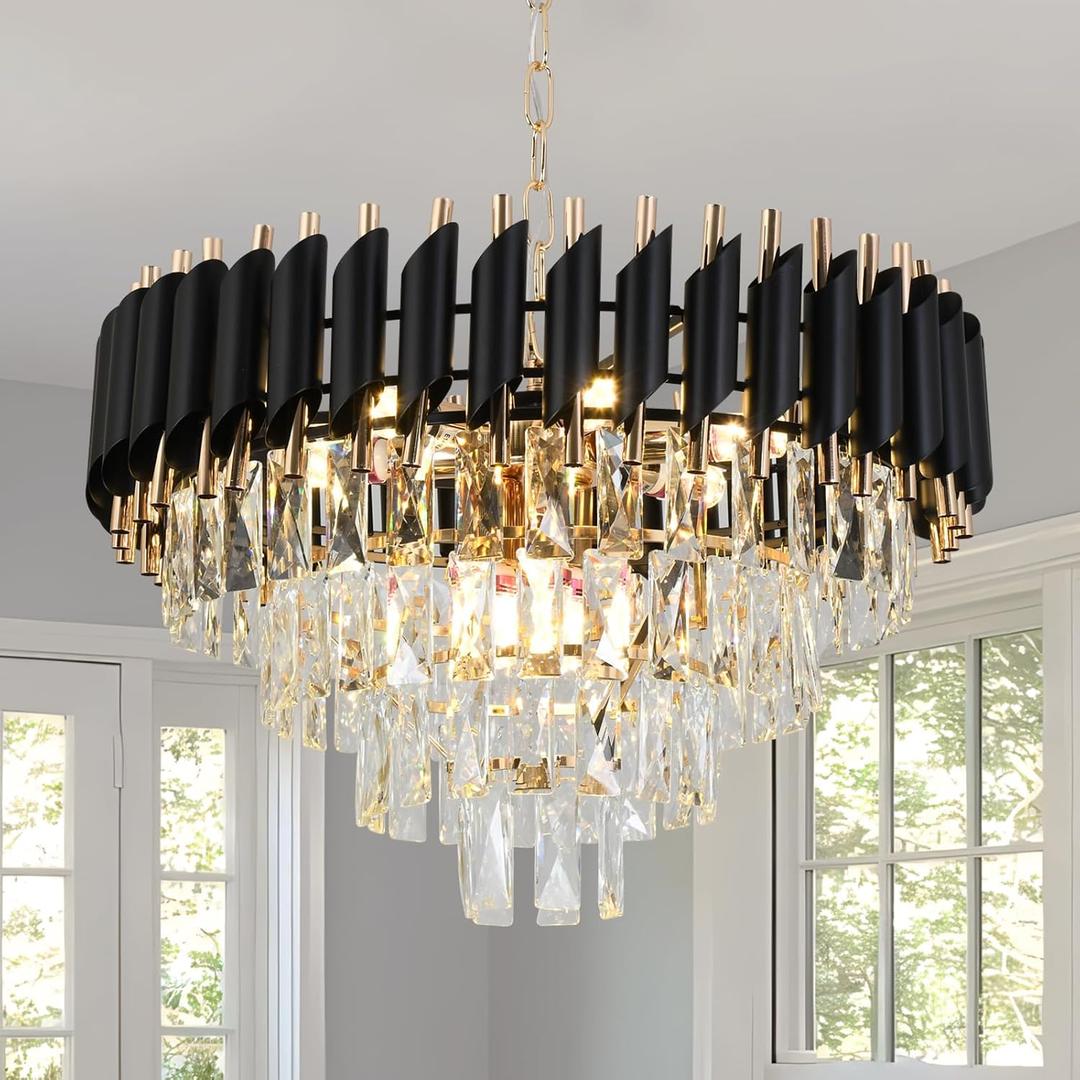 Modern Crystal Chandelier, 9-Light Black and Gold Round Pendant Light Fixture, 23.6" Luxury Hanging Ceiling Light for Dining Room, Living Room, Kitchen Island, Bedroom, Entryway, E12 Base, one size