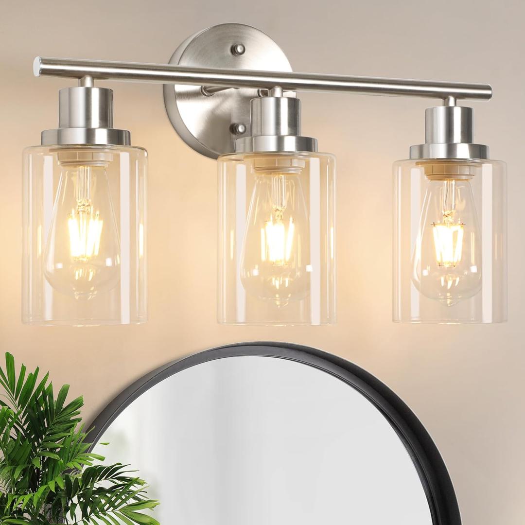 Unicozin 3 Light Vanity Lights, Brushed Nickel Wall Sconce Light with Clear Glass, Bathroom Light Fixtures, Wall Lights for Mirror, Living Room, Bedroom, Hallway, E26 Base (Bulbs Not Included) (Matt Nickel)