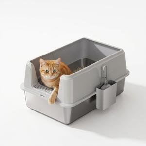 Stainless Steel Cat Litter Box, XL Enclosed Metal Litter Box with Lid & Side Litters Filter, Anti-Leak Non-Stick Design, Includes Scoop for Large Cats 6'' Deep Grey