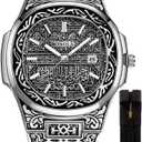 Retro Watches for Men Quartz Watches Tattoo Pattern Carved Stainless Steel Bracelet Waterproof Wrist Watch (Silver)