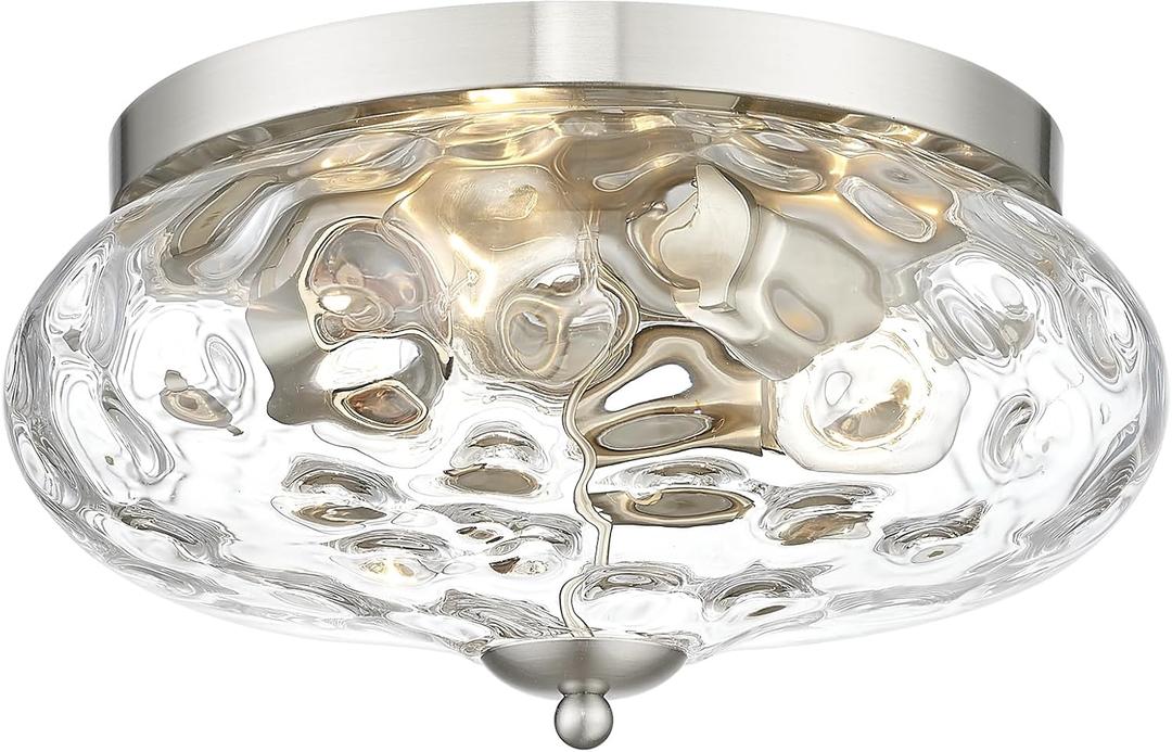 Darkaway Large Ceiling Light Fixtures 3-Ight Flush Mount Indoor Outdoor Ceiling Light with Water ipple Glass Shade for Kitchen Bedroom Living Room Dining Room Entry Porch Nickel Finish, 13.38inch