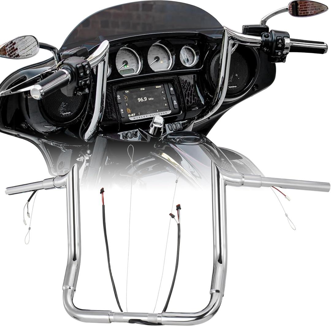 Pre-wired 1 1/2" Fat Ape Hanger 14" Rise Meathook Handlebar for Harley 2014-2023 Street Glide/Electra Glide/Ultra Limited Pre-wired CAN-Bus Wire and Guiding Line Bagger Bar, Chrome
