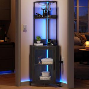 YITAHOME Corner Wine Cabinet with Power Outlets & LED Lights, Corner Bar Cabinet with Glass Holder, Liquor Bar Rack Cabinet for Living Room, Dining Room, Kitchen, Metal Black, 15.7" W x 11.8" D x 62.2" H