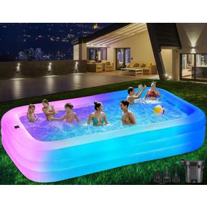 Large Solar Inflatable Pool with Lights, 130"x72"x22", Oversized Thickened Blow Up Pool with Pump, 7 Color Changed Family Swimming Pool for Backyard, Outdoor