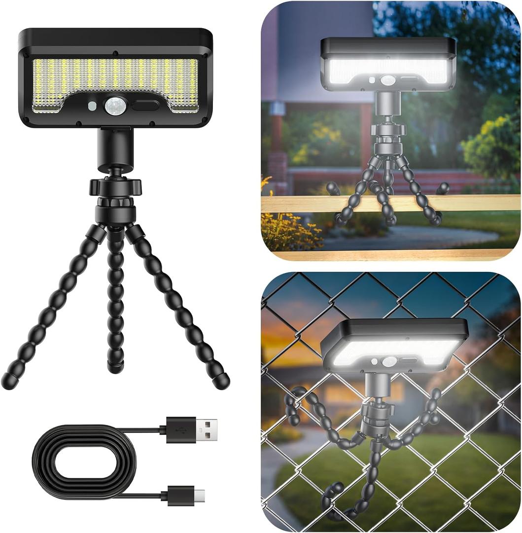 Tryme 92 LED Solar Lights Outdoor with Motion Sensor, Octopus Stand, Adjustable Angle, USB & Solar Powered, Optical Diffuser Lens, 3 Modes, IP65 Waterproof Fence Lights for Garden, Gate (1 Pack) (Black)