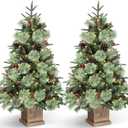 Jin&Bao 4FT Potted Christmas Tree with 100 Lights, 2 Pack Artificial Xmax Tree Timer Function with Long Pine Cones & Red Berries, 3AA Battery Operated Christmas Decorations for Outdoor, Porch