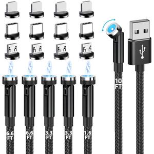 Magnetic Charging Cable, 540 Rotation Magnetic Phone Charger (6-Pack,1.6ft/3ft/3ft/6ft/6ft/10ft) 3 in 1 Magnet Phone Charger Magnetic USB Cable for iProduct/Micro USB/Type C Device (BLACK)