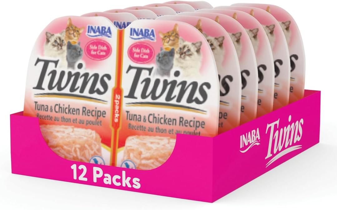 INABA Twins for Cats, Grain-Free Shredded Chicken & Broth Gele Side Dish/Complement/Topper Cups, 1.23 Ounces per Serving, 14.76 Ounces Total (12 Servings), Tuna & Chicken Recipe, Best By 02.05.26