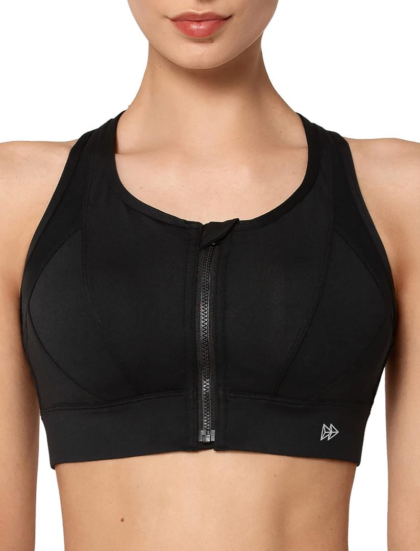 Yvette High Impact Zip Front Sports Bra Mesh Racerback Workout High Support Sports Bras for Women Large Breasts M