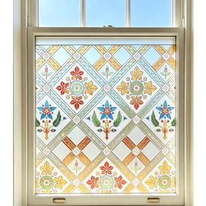 Coavas Stained Glass Window Film Decorative Privacy Cling for Home Bathroom & Front Door, 3D Floral Design, UV Blocking, Heat Control, Non-Adhesive, Reusable, Yellow, 23.6" x 35.4"