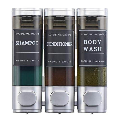 Shampoo and Conditioner Dispenser,Shower Soap Dispenser 3 Chamber No Drill Wall-Mounted for Bathroom & Hotel Leak-Proof Pumps, for Thick Liquids Like Conditioner - 1050ML High Capacity, Silver