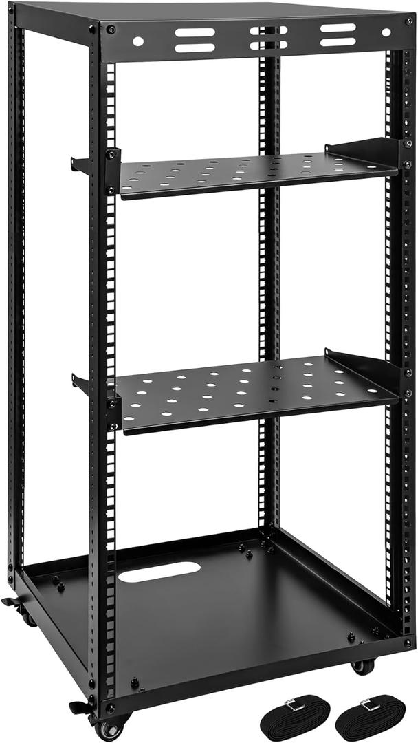 20U Server Rack w/ 2 Racks, Versatile Open Frame IT Rack - Wall-Mount, Rotate and Push w/Ease, AV Rack w/Top & Bottom Panels, Hook and Loop Straps for 19" Stereo/Data/IT/Computer Equipment