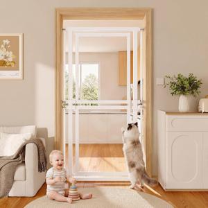 Feonase Extra Tall Cat Safety Gate for Doorway, 73.6" High, Adjustable 29.5-32.3" Wide, Full Clear Acrylic Panel, Pressure Mounted, Auto-Close, Stairs