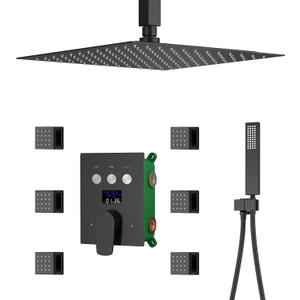 Digital Display Shower Faucet Set With 12 Inch Rainfall Shower Head,Brass Handheld Sprayer And 6pcs Body Jets,Full Body Shower System (Matte Black)