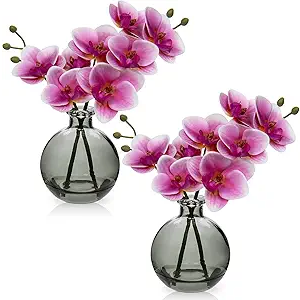 Oairse Pink Orchids Artificial Flowers Faux Orchid Arrangement with Black Glass Vase Set of 2 Real Touch Phalaenopsis Orchid Flowers Orchid Centerpiece for Dining Room Table