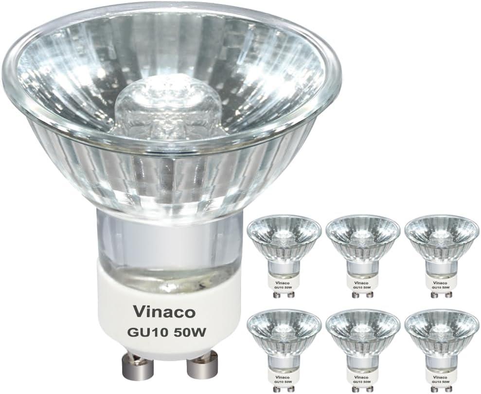 Vinaco GU10 Halogen 50W Bulbs, 6PCS GU10+C 120V 50W Halogen Light Bulbs, GU 10 Dimmable, Warm White, High Brightness MR16 with Glass Cover, Long Lifespan GU 10 50 W for Recessed Track Lighting