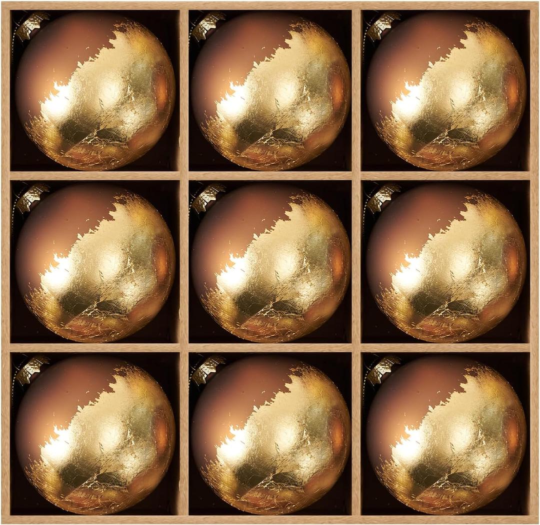DN DECONATION Christmas Ball Ornaments Set of 9, Brown Matte Glass Xmas Tree Hanging Ball Decorations with Gold Foil Finish, Rustic Glass Ornaments for Holiday Decor & Christmas Party