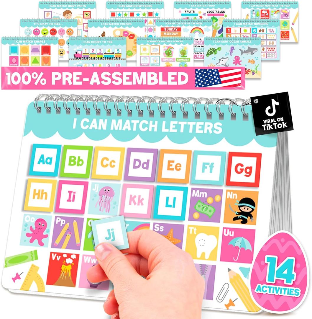 Hadley Designs My First Busy Book Toddlers 3-5, Montessori Preschool Learning Activities Age 4-5, 174 Pcs Velcro Busy Book, Travel Toys Airplane Car Quiet Time, Sensory Toys, Easter Gifts for Kids