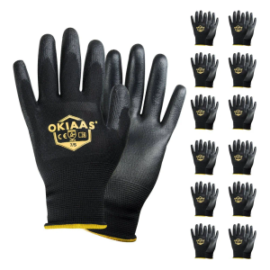 OKIAAS Work Gloves for Men, Ultra Thin and Lightweight Working Gloves with Grip, 12 Pairs Bulk Pack Construction Gloves with Polyurethane Coating, Safety Gloves for Light Duty Work (Black, Small)