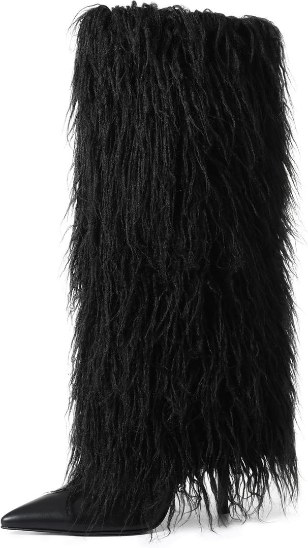 Womens Furry Boots Knee High Fold Over Tall Boot Wide Calf Pointed Toe Stiletto High Heel Fall Winter Boots for Women (8.5, Black)