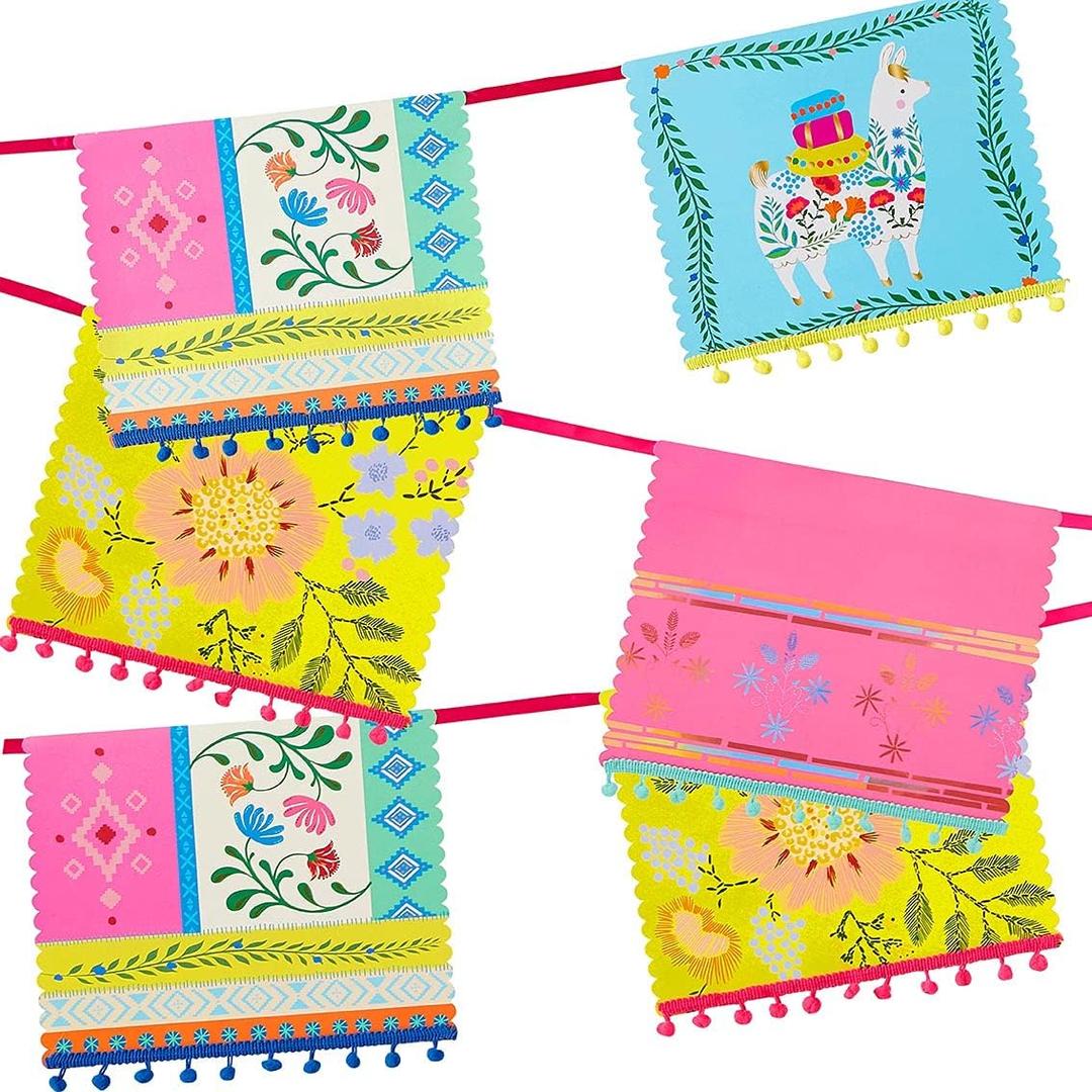 Talking Tables Colorful Mexican Pom Pom Garland for Boho Fiesta Birthday Party Llama Decor; Great for Encanto, Moana Themes; 13ft Paper Garland, Easy to Hang