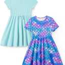 PATPAT Girls' Short Sleeve Dresses Multipack  Quick-Dry Fabric, Tie-Dye & Leopard Prints for Toddlers & Big Girls 2-10 T (Green)