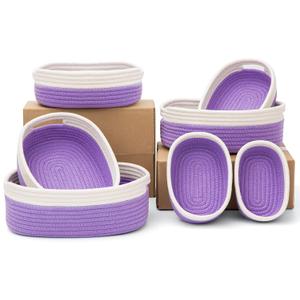 7 Piece Cotton Rope Woven Basket Set - Small Basket for Baby Nursery, Pets, Montessori, Dog & Cat Toy Boxes, Bathroom Organization Bins (White/Purple)
