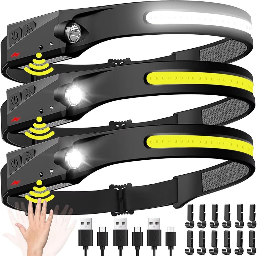 Headlamp Rechargeable 3PCS, 230 Wide Beam Head Lamp LED with Motion Sensor for Adults - Camping Accessories Gear, Waterproof Head Light Flashlight for Hiking, Running, Repairing, Fishing, Cycling