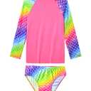 Girls Swimsuit Size 4t 5t Colorful Scale Print Long Sleeve Dark Pink Swimsuit Sets Two Piece Swimwear Sets