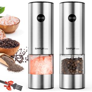 SIMPLETASTE Electric Salt and Pepper Grinder Set with LED Light, Automatic Pepper Mill Shakers with Adjustable Coarseness, One Hand Operation for Kitchen, Dining, Gifting, Silver, Battery Operated