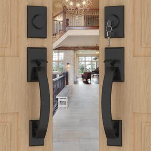 Goldenwarm Double Front Door Lock Set, Matte Black Double Door Handle with Dummy, Double Front Door Hardware Set with Reversible Handle Lever