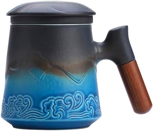 MAXJOY Tea Cup with Infuser and Lid 15.2 Oz Ceramic Loose Leaf Tea Mug Rosewood Handle Black and Blue