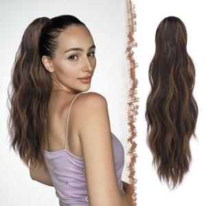 FESHFEN Ponytail Extensions, Long Claw Clip in Ponytail Hairpiece Synthetic Pony Tails Hair Piece Natural Wavy Hairpieces for Women, 20 inch Black Brown Mixed Light Brown