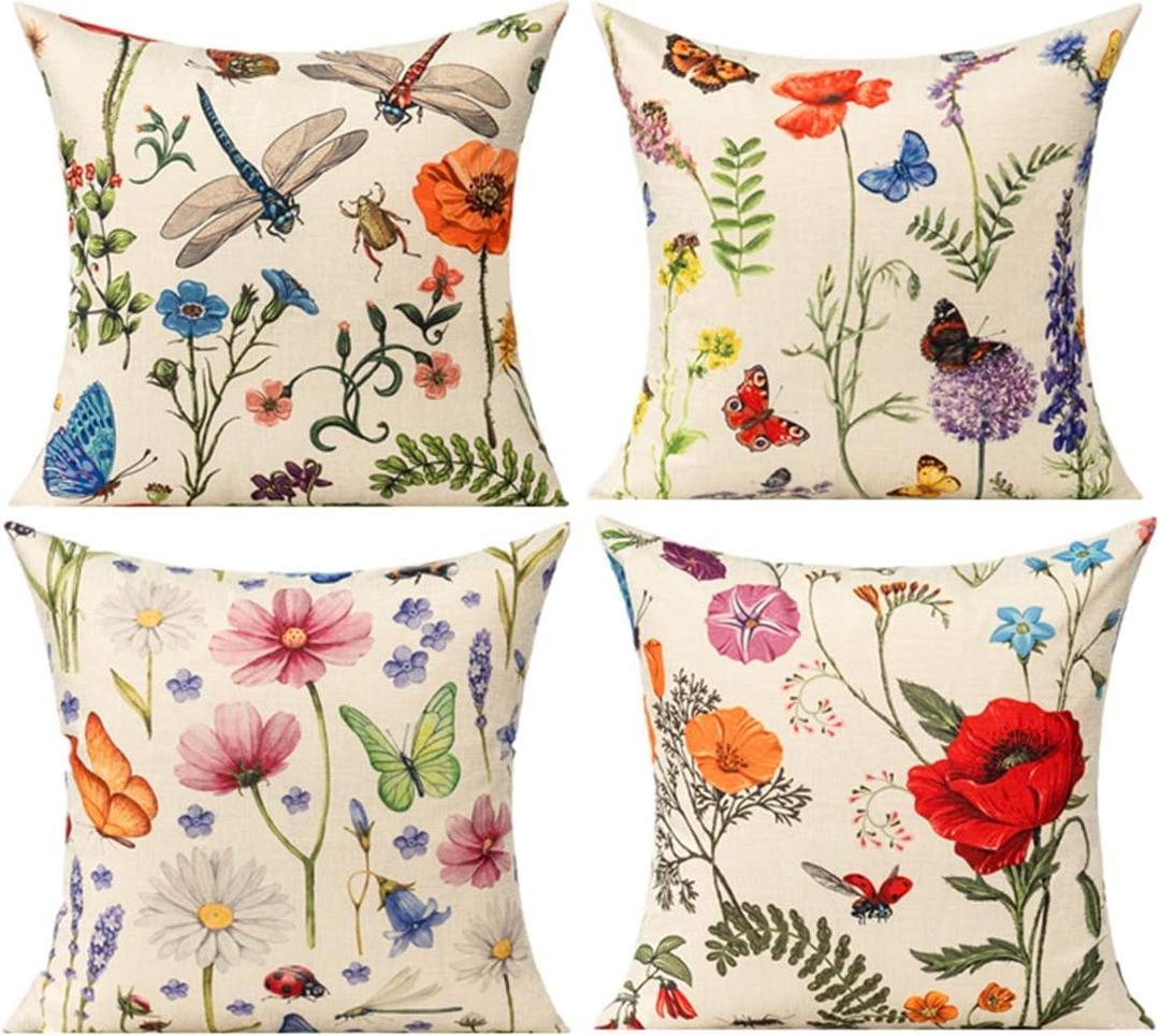 All Smiles 16 x 16 Throw Pillow Covers Outdoor Spring Summer Garden Flowers Farmhouse Outside Furniture Bench Decorative Swing Cushion Set of 4 for Patio Sofa Couch Chair